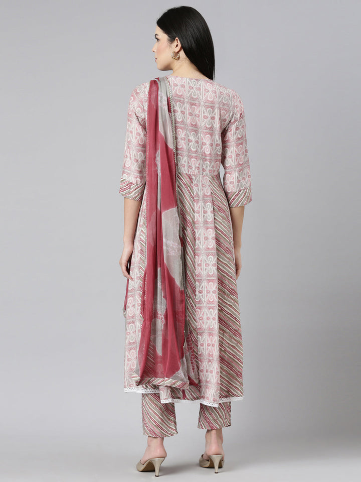 Neerus Pink printed straight kurta set with dupatta - side view