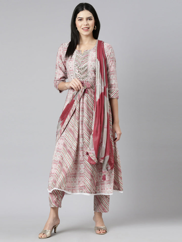 Neerus Pink printed straight kurta set with dupatta - detail view 2