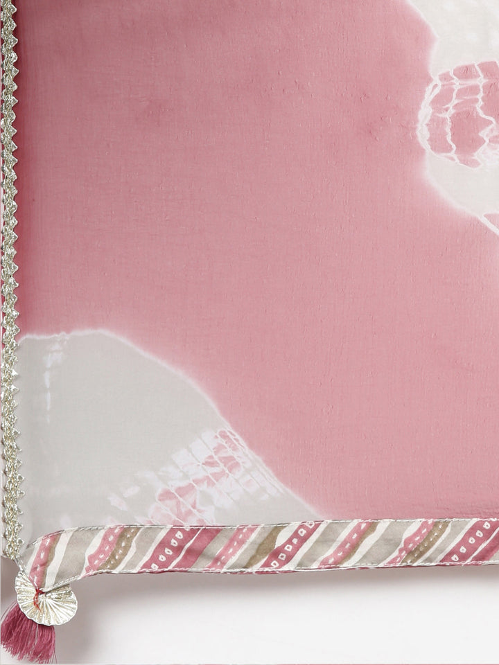 Neerus Pink printed straight kurta set with dupatta - detail view 4