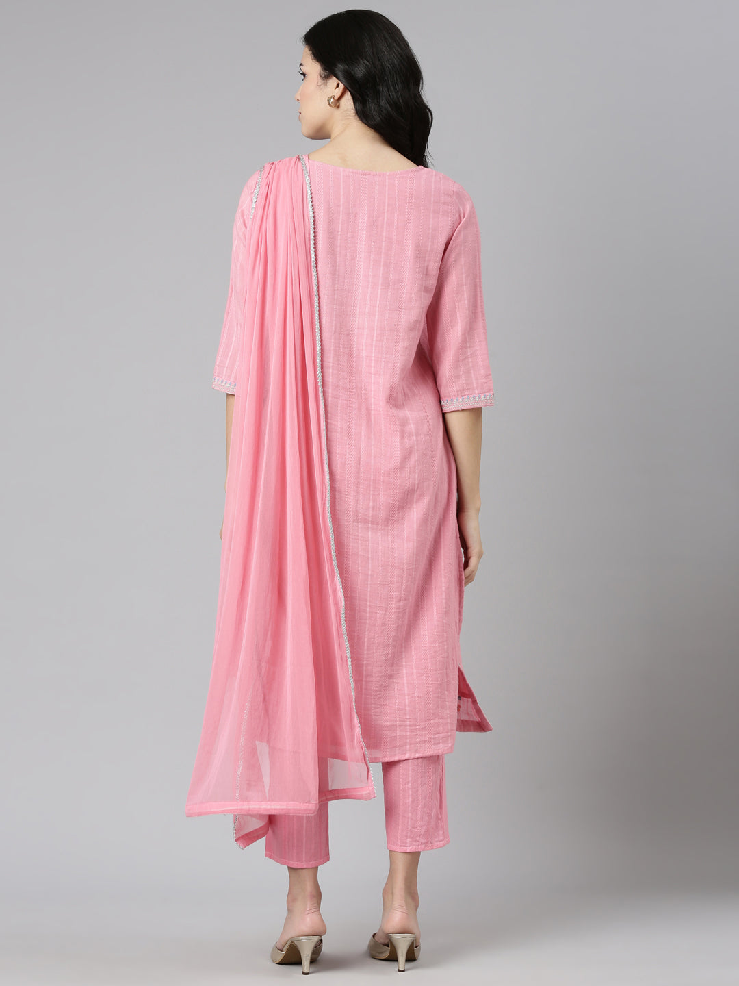 Neerus Pink embroidered straight kurta set with dupatta - side view