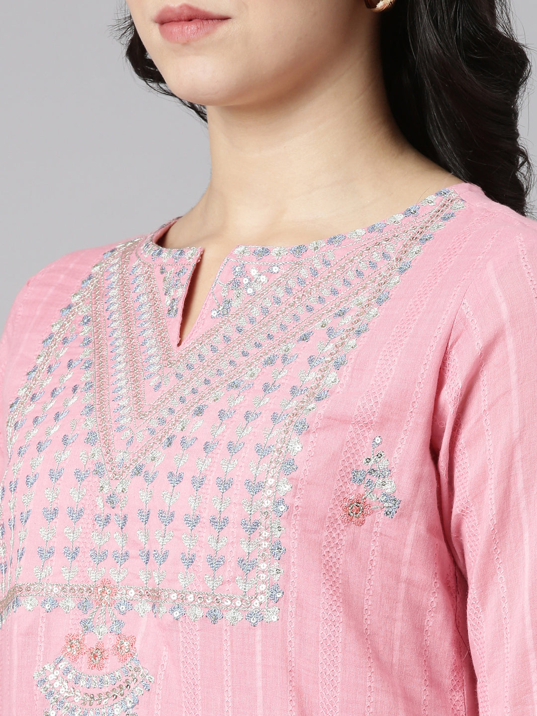 Neerus Pink embroidered straight kurta set with dupatta - detail view 1