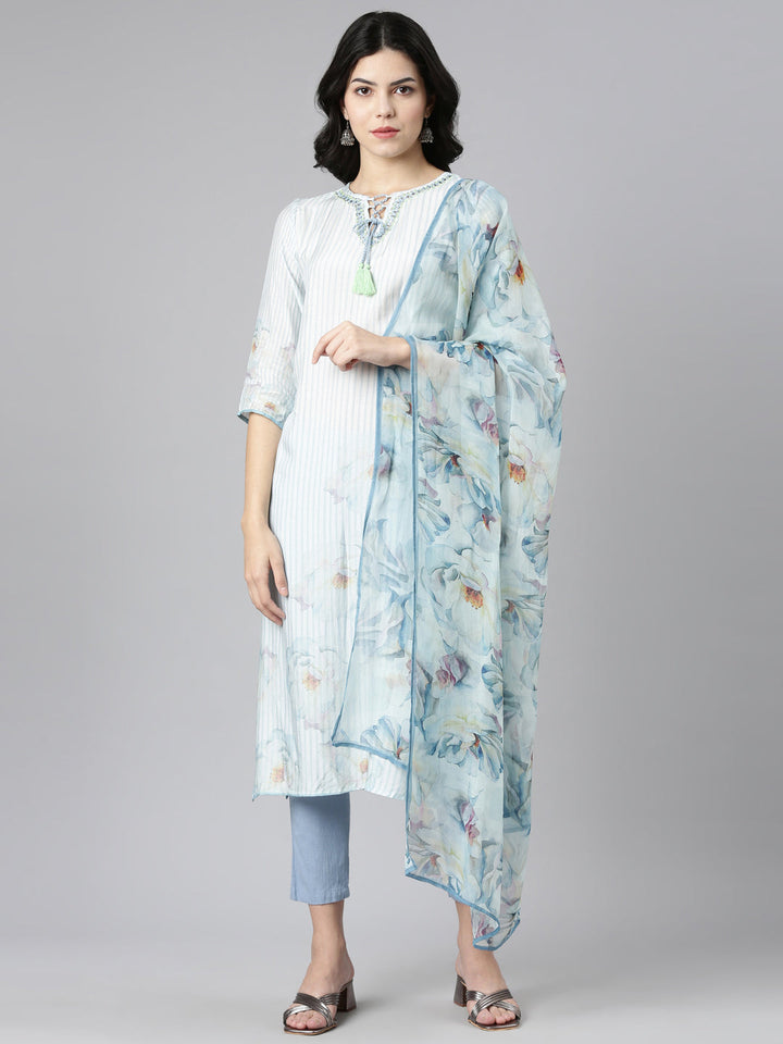 Neerus Blue muslin embroidered kurta set with trousers and dupatta - front view
