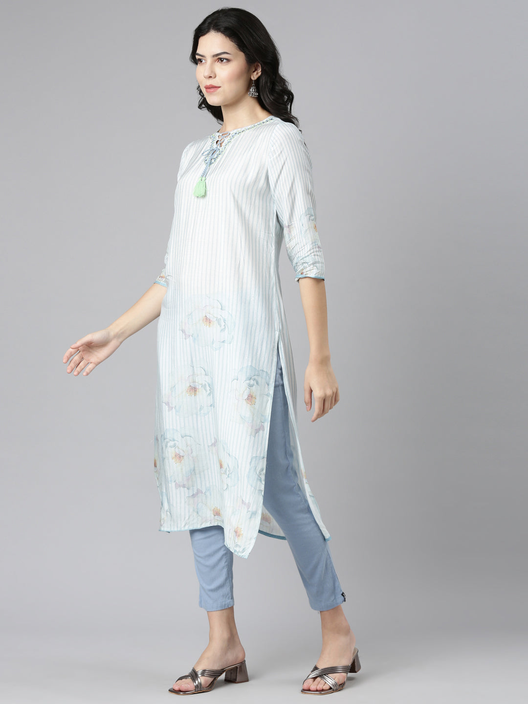 Neerus Blue muslin embroidered kurta set with trousers and dupatta - back view