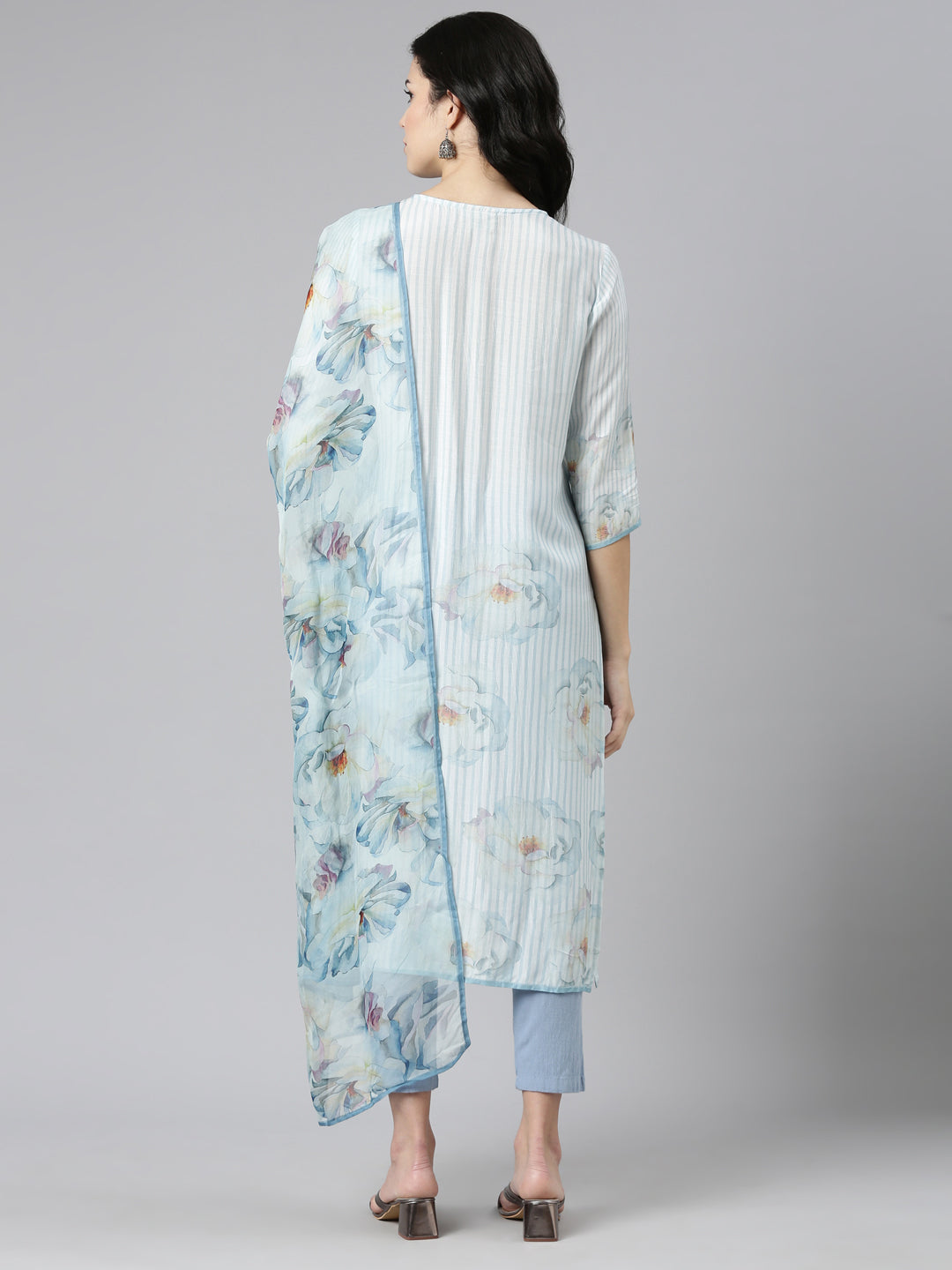 Neerus Blue muslin embroidered kurta set with trousers and dupatta - side view