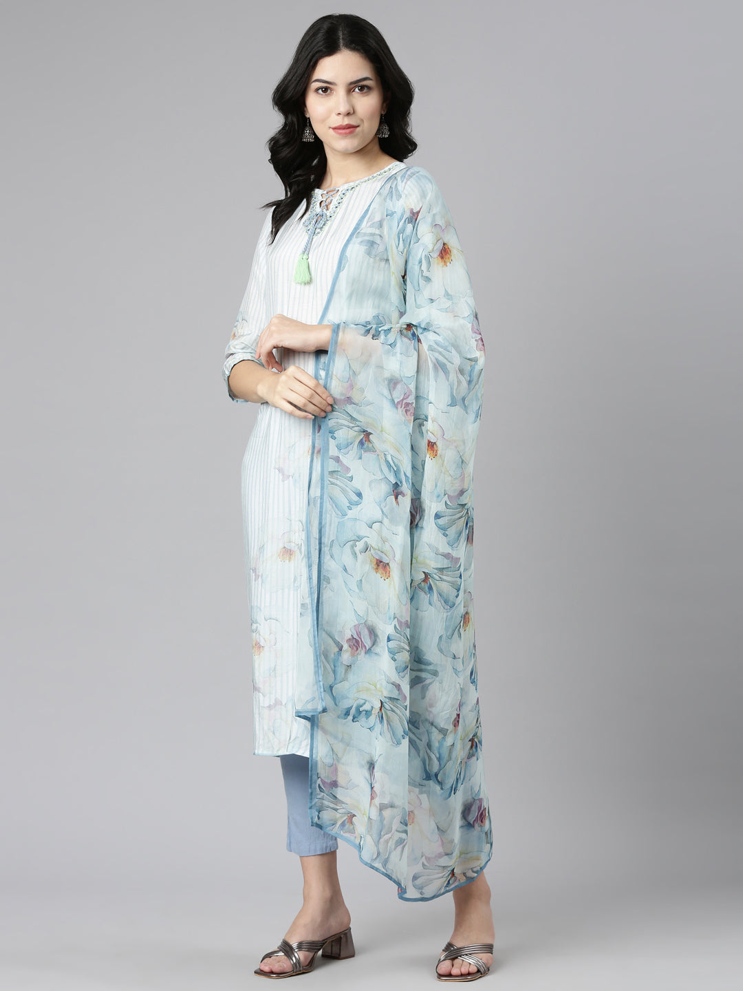 Neerus Blue muslin embroidered kurta set with trousers and dupatta - detail view 2