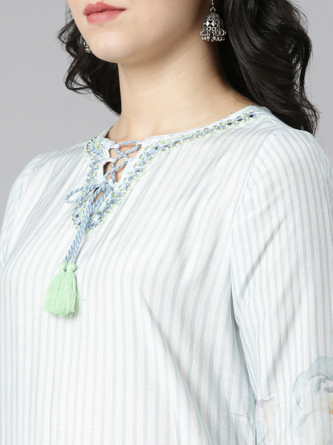Neerus Blue muslin embroidered kurta set with trousers and dupatta - detail view 1