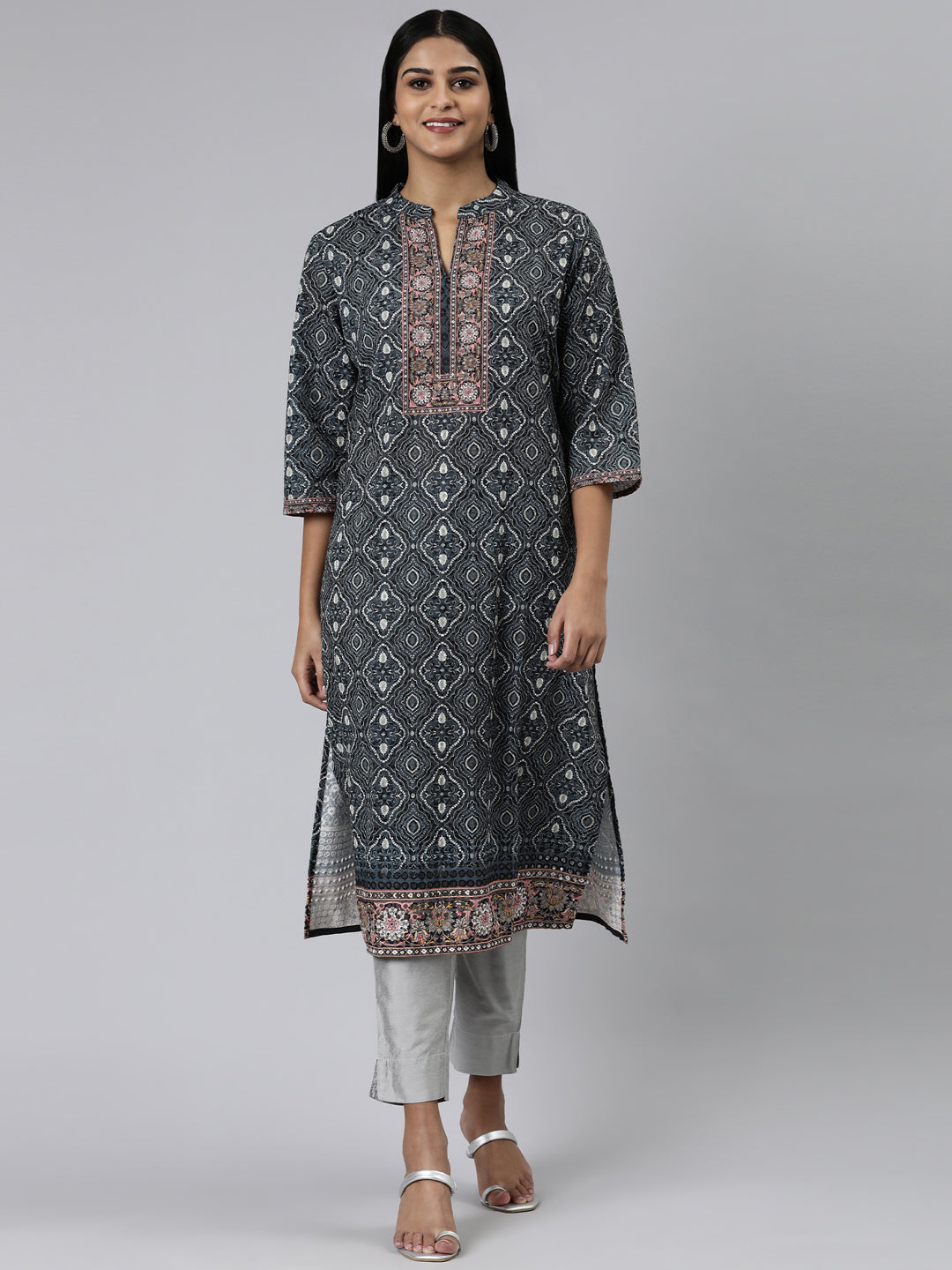 Neerus Green chiffon printed kurti with ethnic motifs - front view