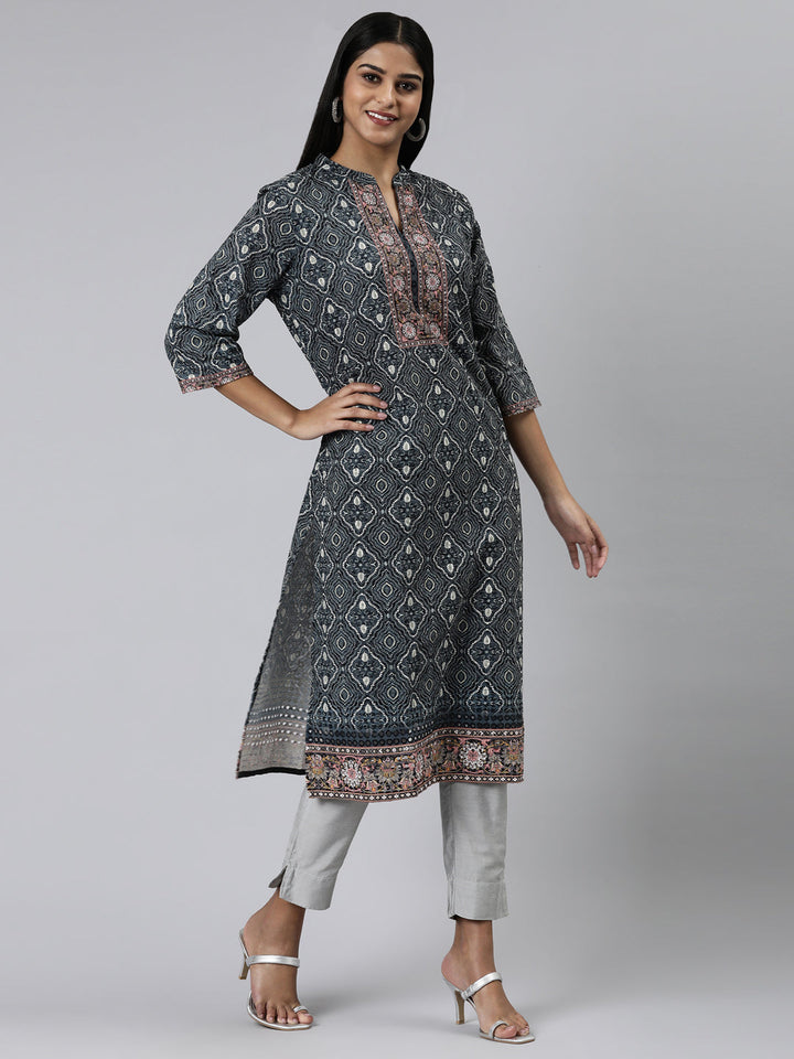 Neerus Green chiffon printed kurti with ethnic motifs - back view