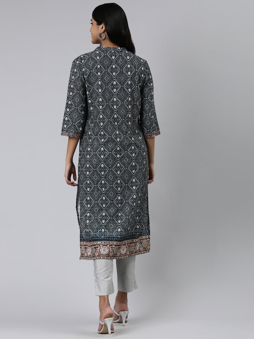 Neerus Green chiffon printed kurti with ethnic motifs - side view