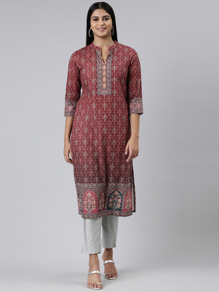Neerus Maroon chiffon printed kurti - front view