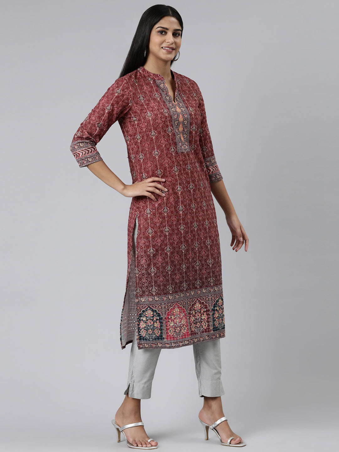 Neerus Maroon chiffon printed kurti - back view