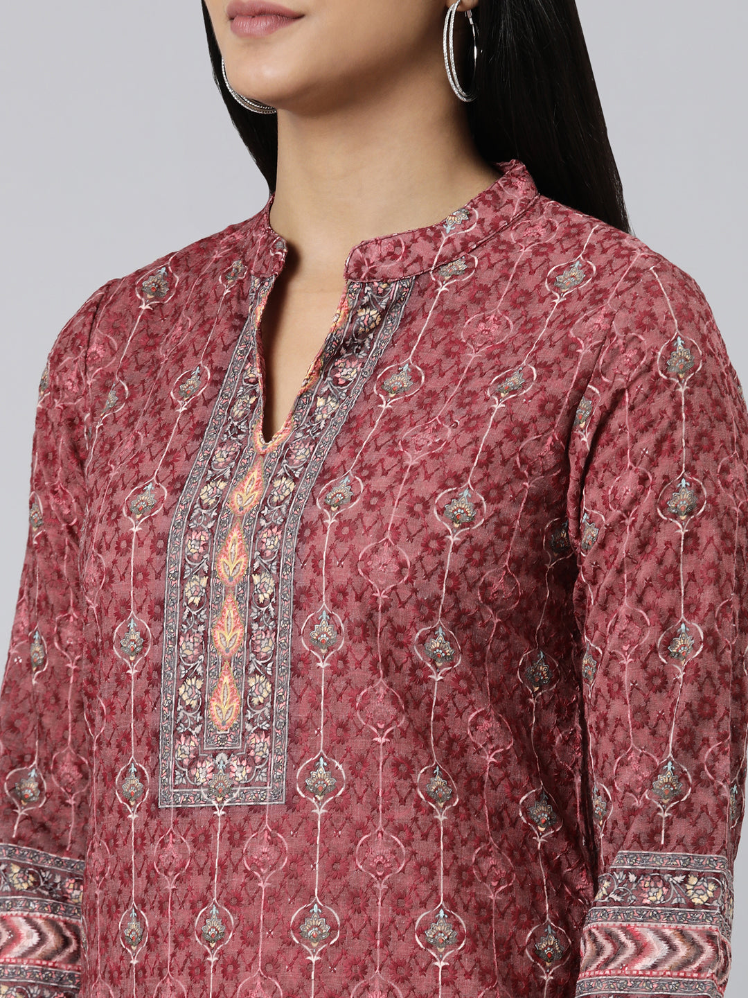 Neerus Maroon chiffon printed kurti - detail view 2