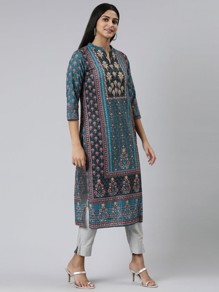 Neerus Green chiffon printed straight kurti - back view