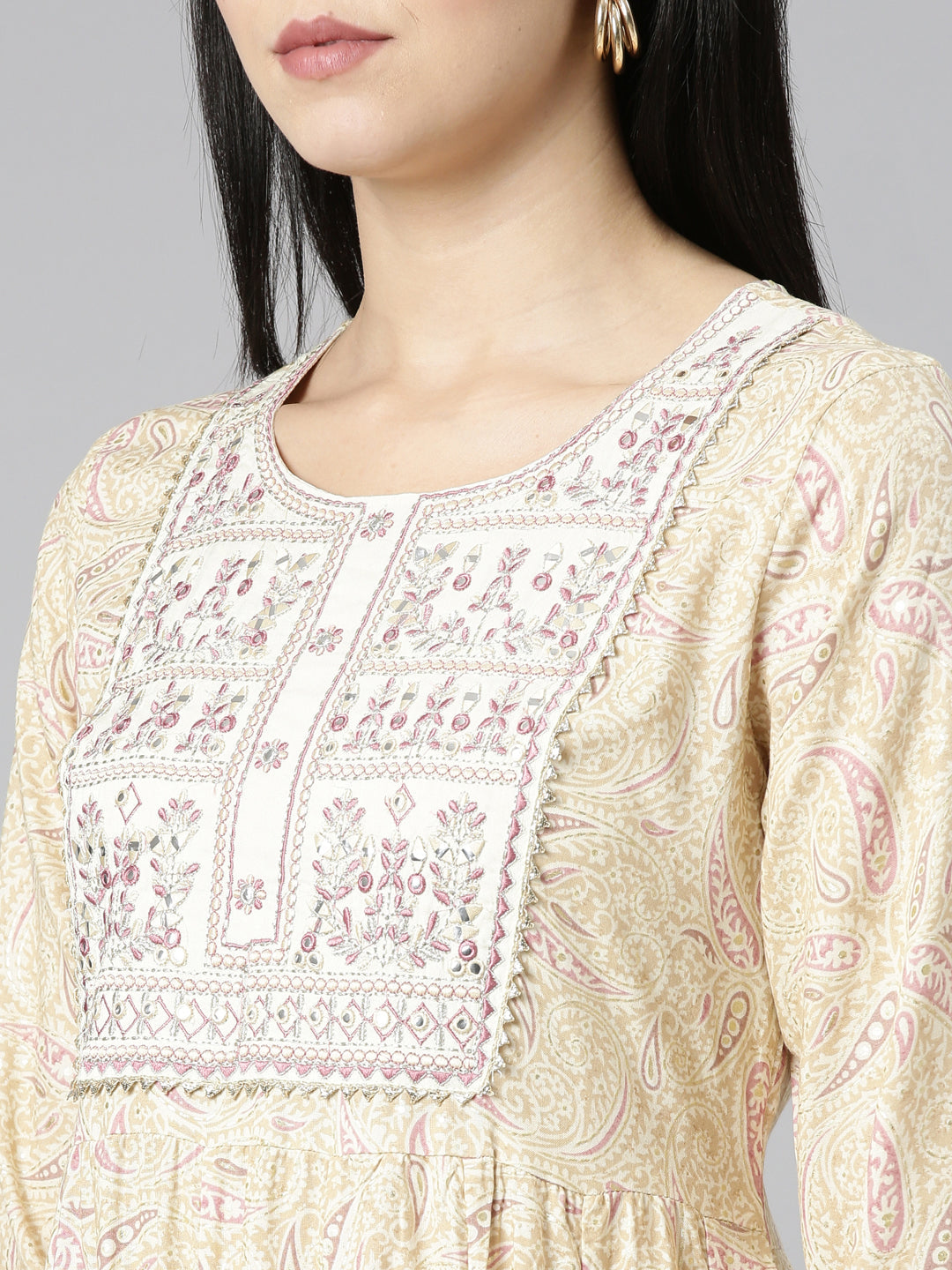 Neerus Beige viscose rayon printed kurta set - detail view 1