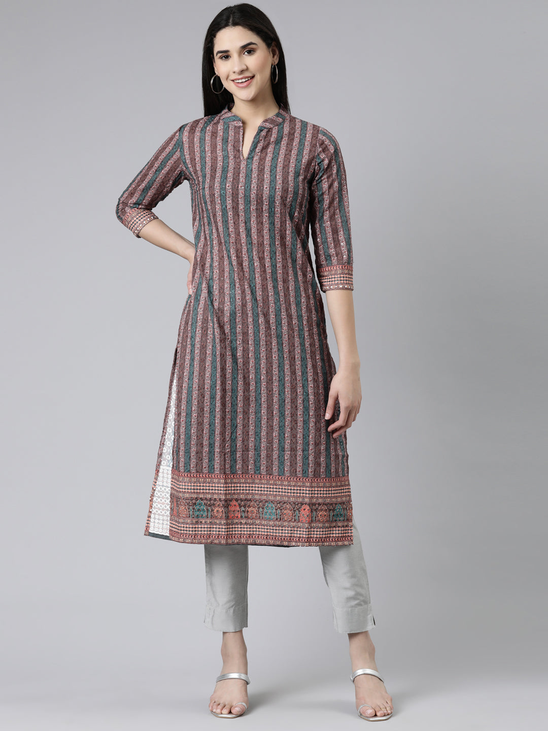 Neerus Brown cotton thread embroidered straight kurti - front view
