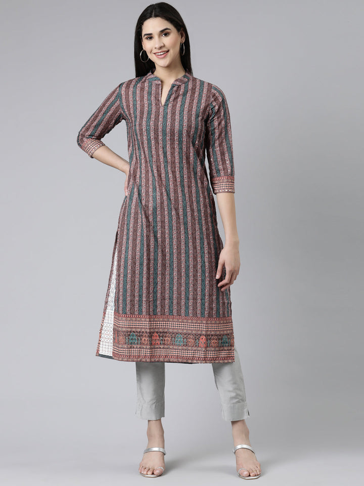 Neerus Brown cotton thread embroidered straight kurti - front view