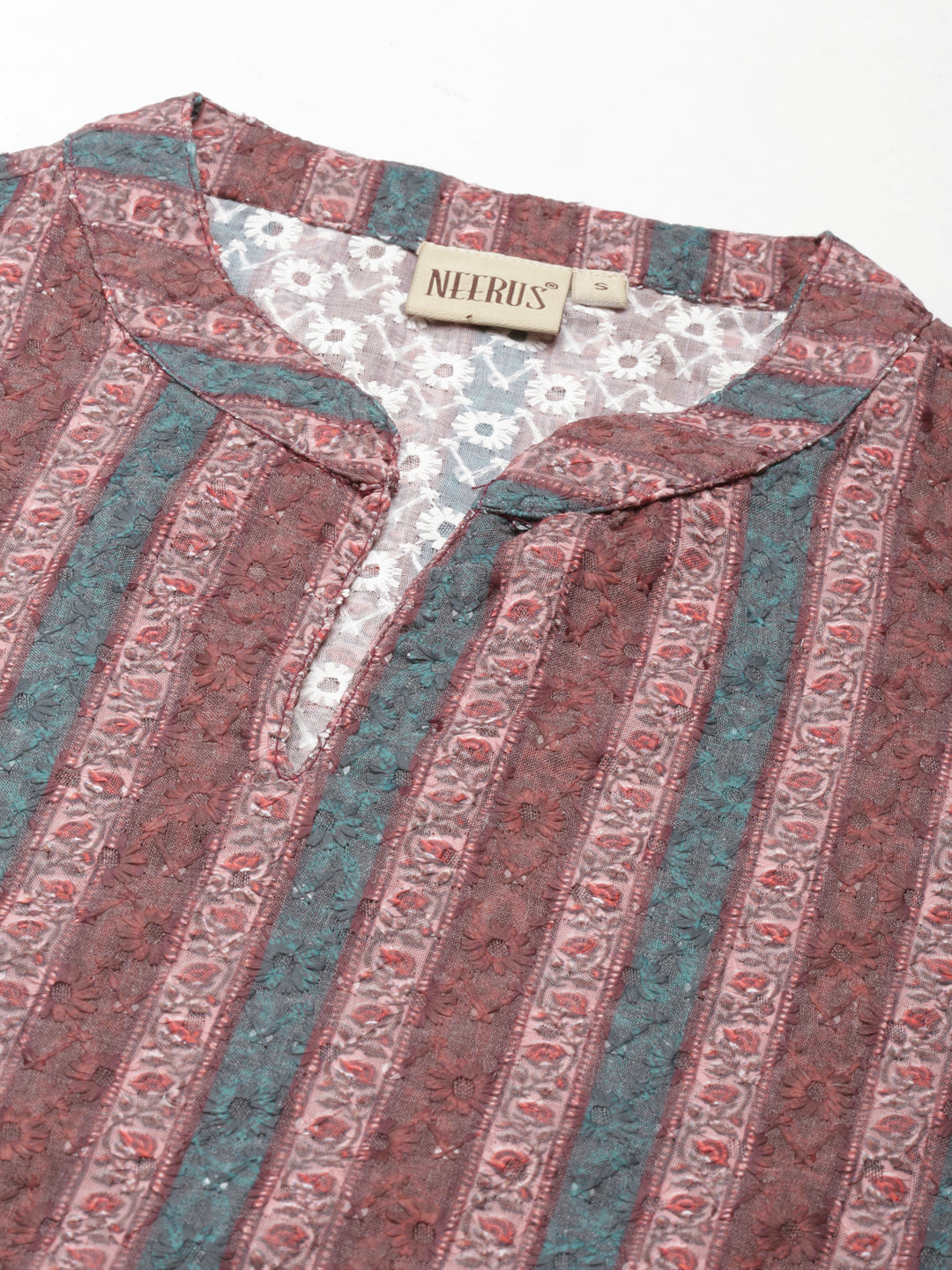 Neerus Brown cotton thread embroidered straight kurti - detail view 3