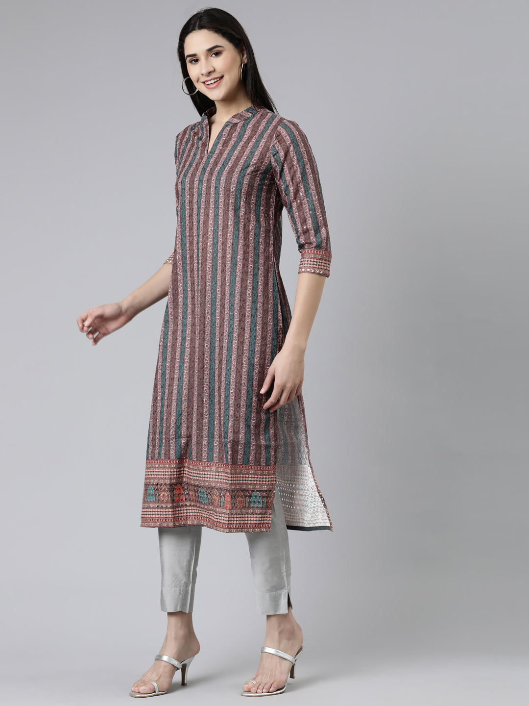 Neerus Brown cotton thread embroidered straight kurti - back view