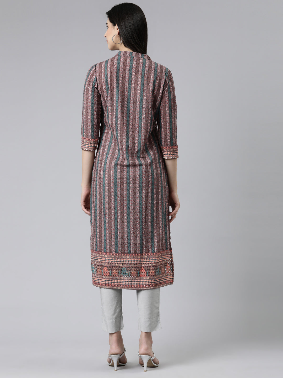 Neerus Brown cotton thread embroidered straight kurti - side view
