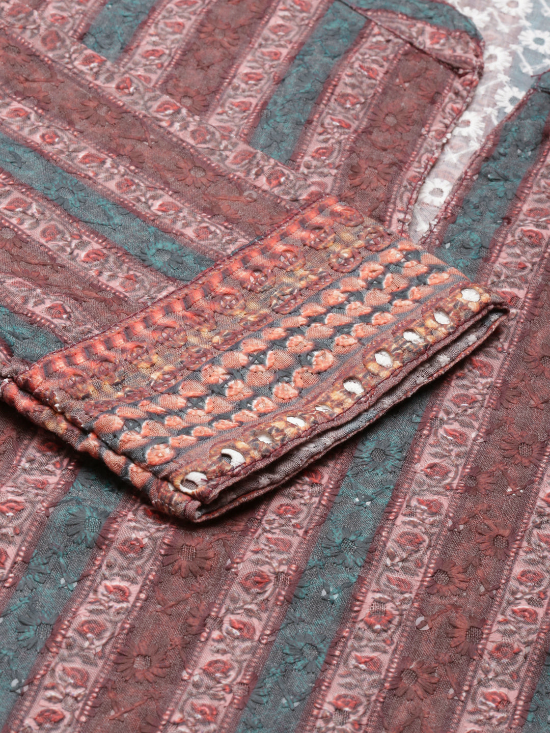 Neerus Brown cotton thread embroidered straight kurti - detail view 2