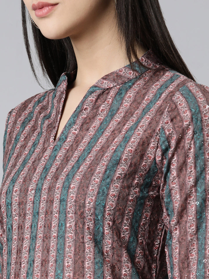 Neerus Brown cotton thread embroidered straight kurti - detail view 1