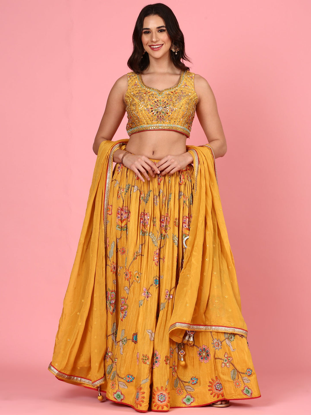 Neerus Yellow georgette embroidered lehenga set - front view