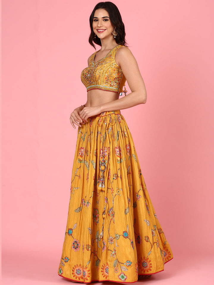 Yellow embroidered georgette Three piece ghagra set