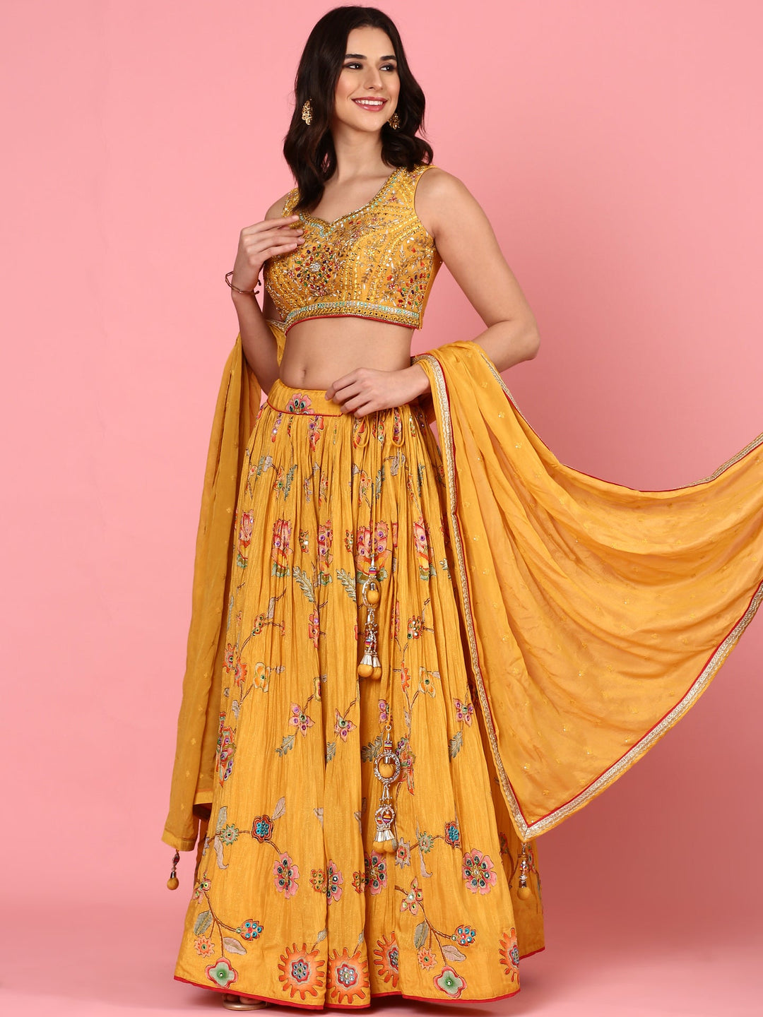 Neerus Yellow georgette embroidered lehenga set - detail view 3