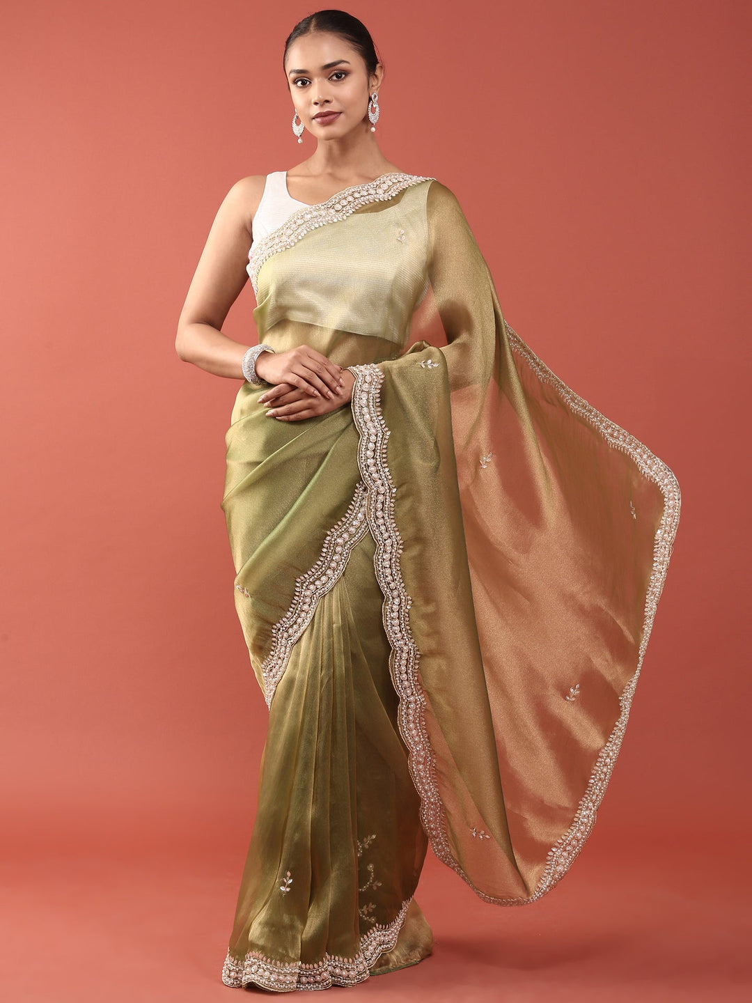 Neerus Green organza embellished saree - detail view 1