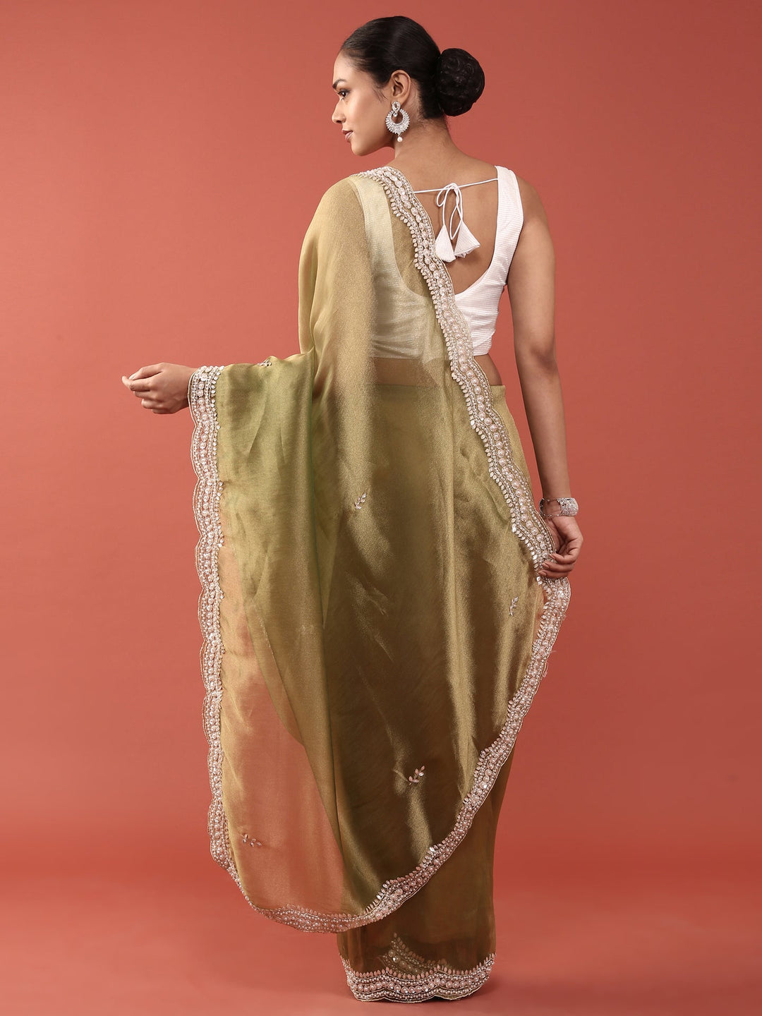 Neerus Green organza embellished saree - back view