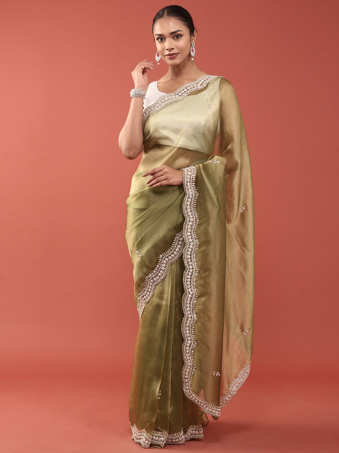 Neerus Green organza embellished saree - front view