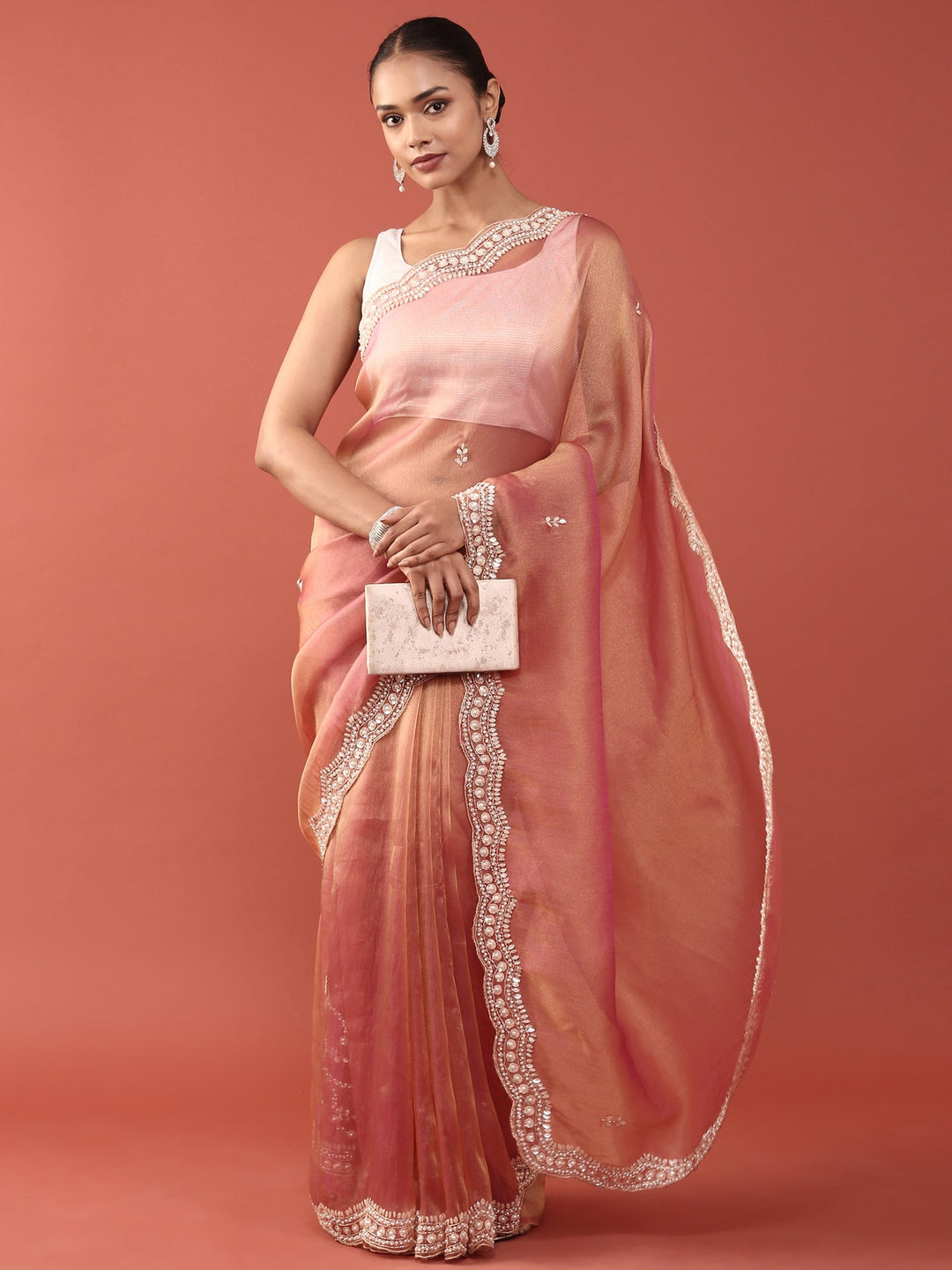 Neerus Pink organza embellished saree - front view