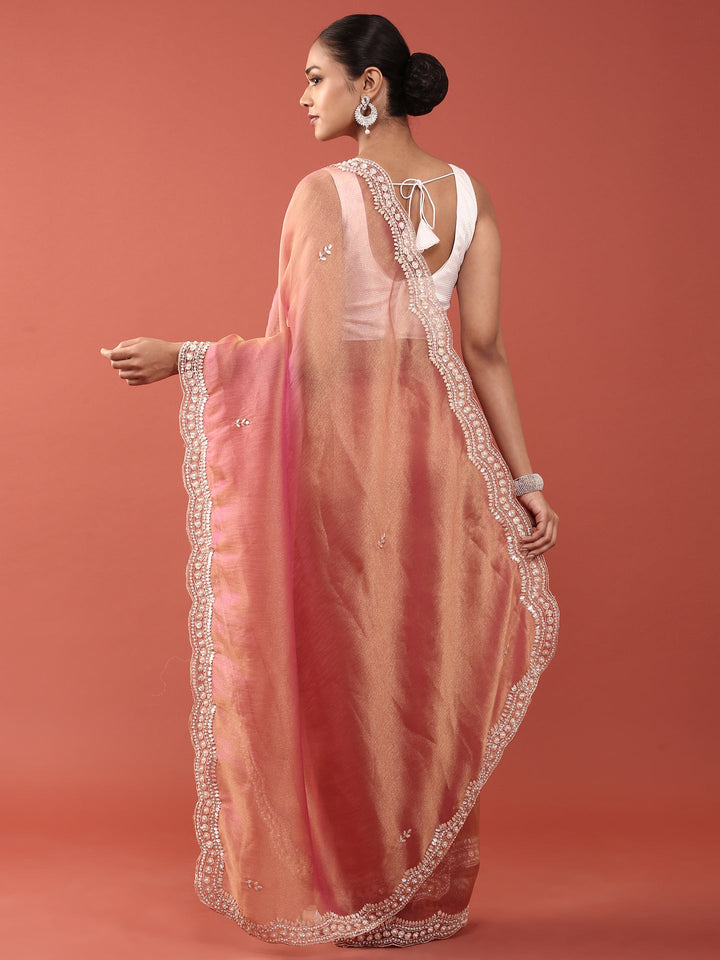 Pink Organza Stone And Thread Embroidery Saree
