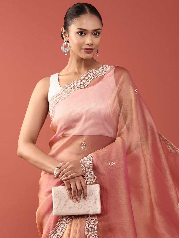 Neerus Pink organza embellished saree - side view