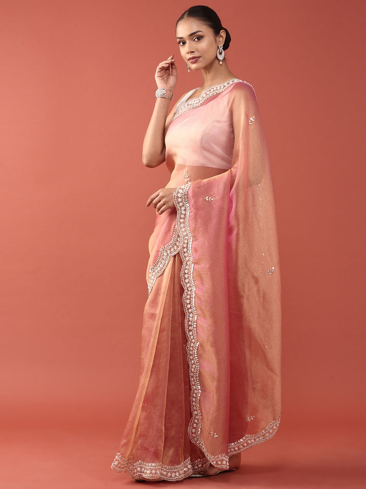 Pink Organza Stone And Thread Embroidery Saree
