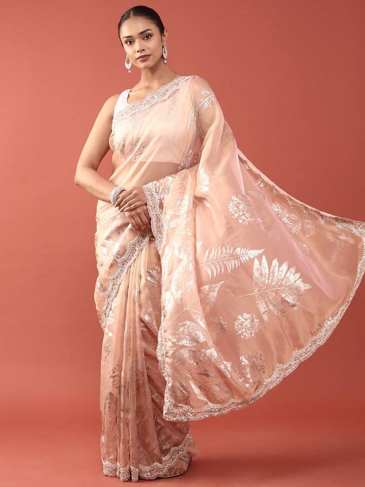 Peach Tissue Sequins Embroidery Saree