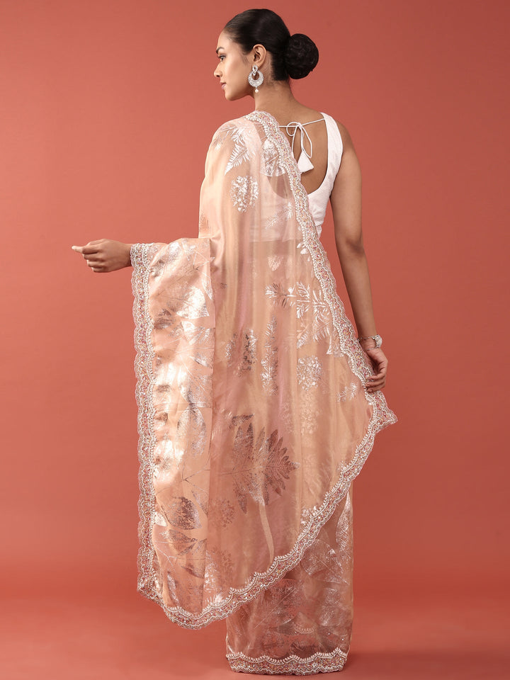 Peach Tissue Sequins Embroidery Saree