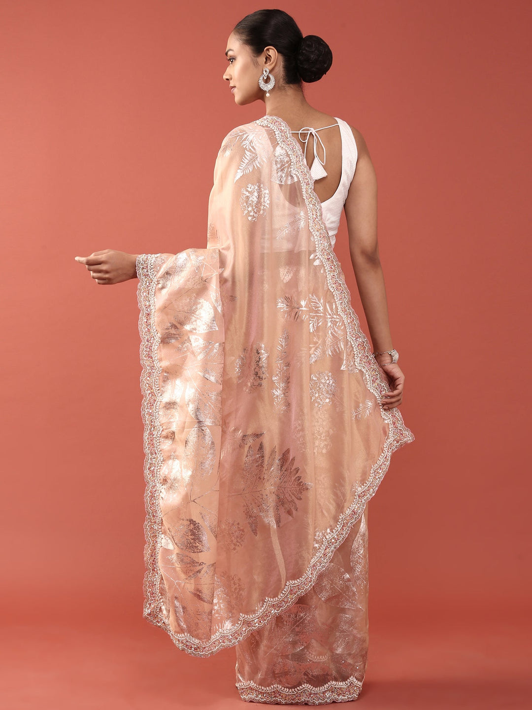 Neerus Orange tissue embellished saree - side view