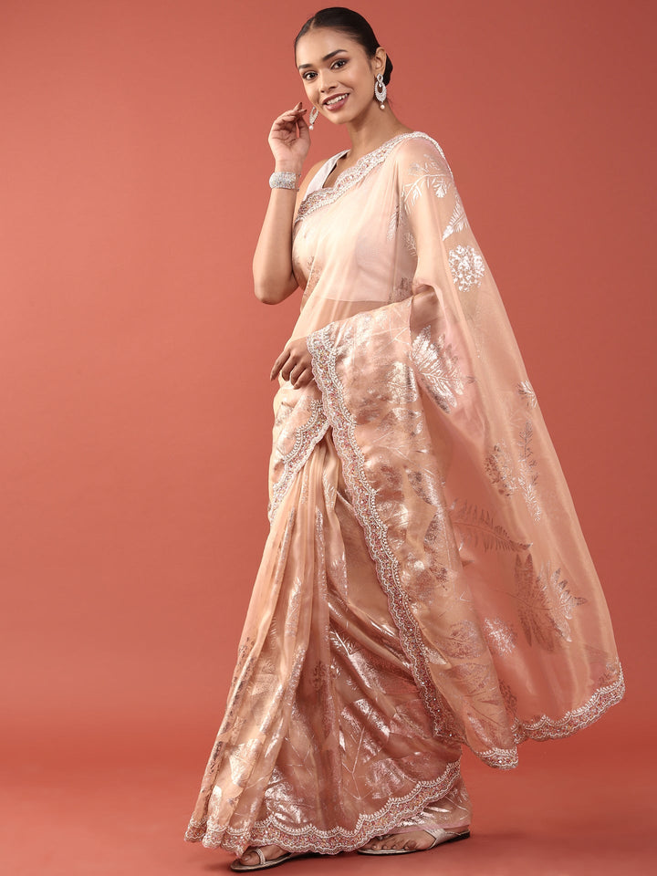 Peach Tissue Sequins Embroidery Saree