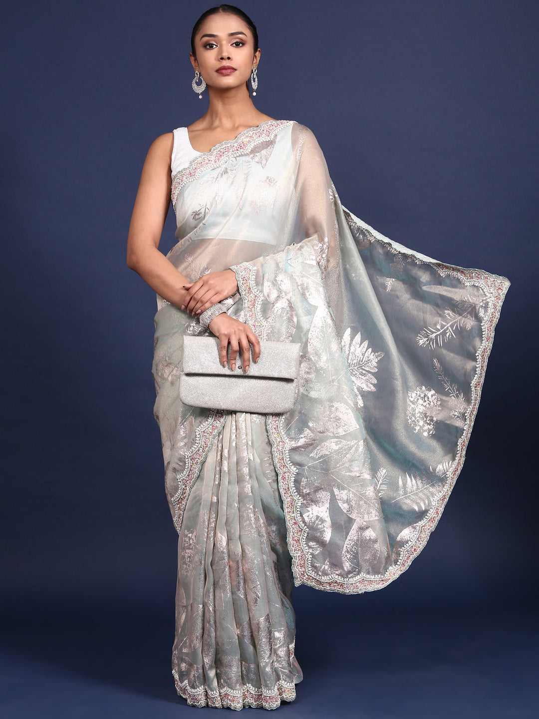 Neerus Blue Tissue Embellished Saree - front view