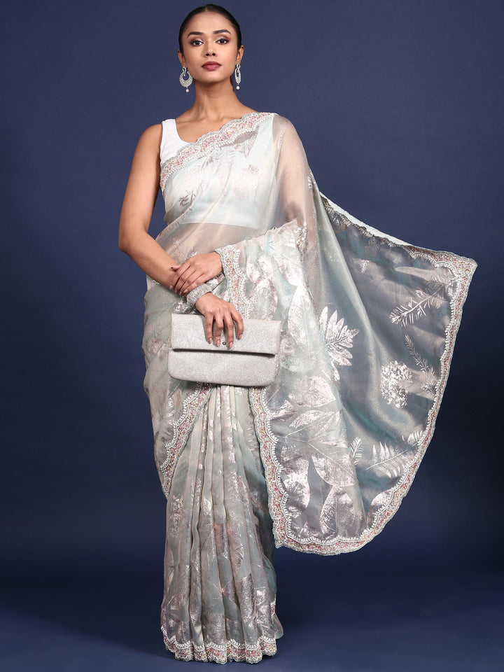 Neerus Blue Tissue Embellished Saree - front view