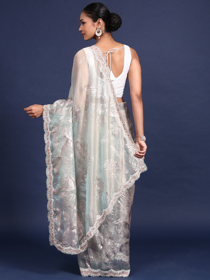 Neerus Blue Tissue Embellished Saree - side view