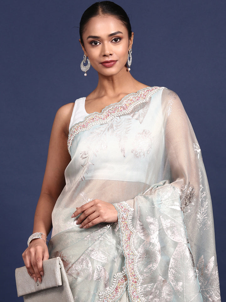 Sea Blue Tissue Sequins Embroidery Saree