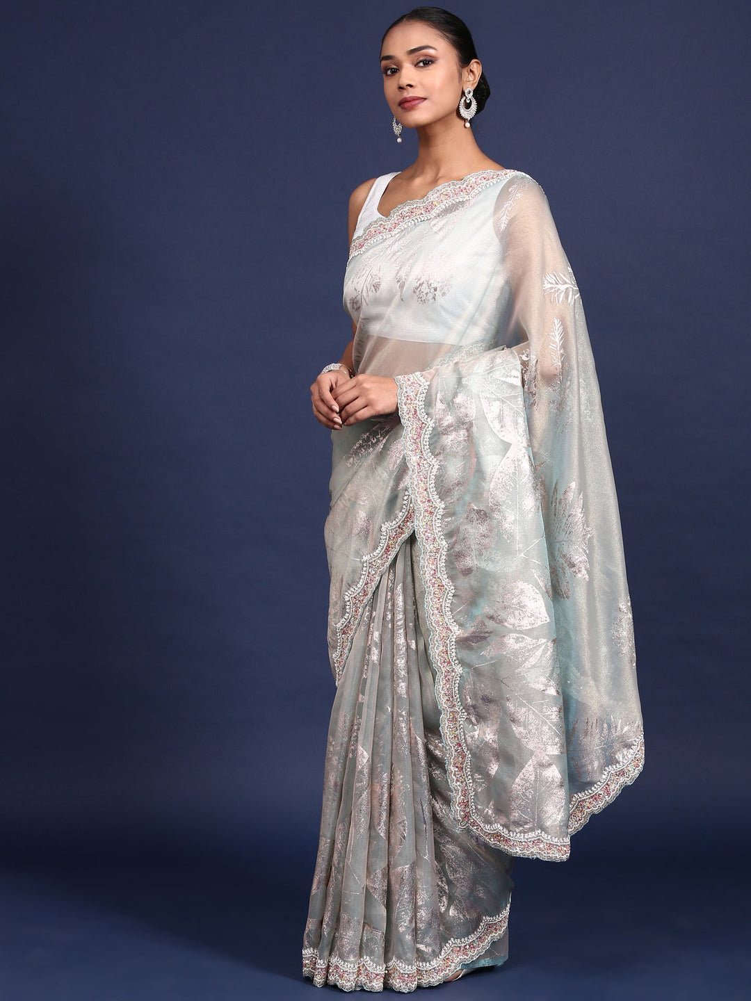 Neerus Blue Tissue Embellished Saree - back view
