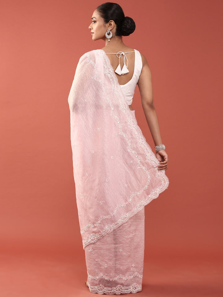 Neerus Pink georgette embellished saree - back view