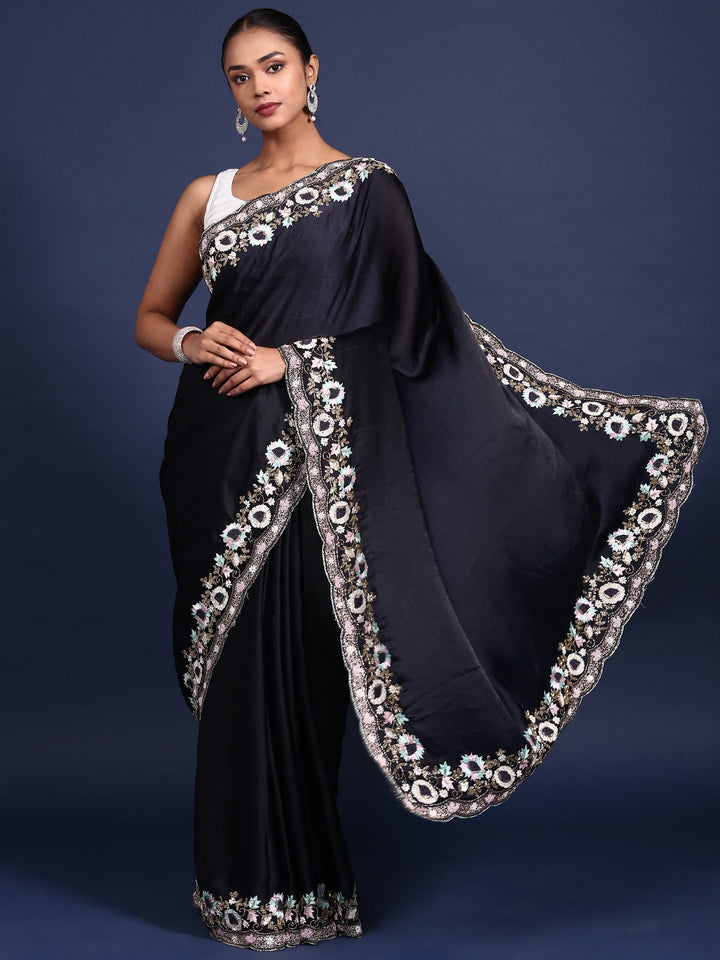 Neerus Black silk embroidered saree - detail view 1