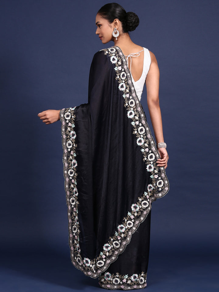 Neerus Black silk embroidered saree - back view