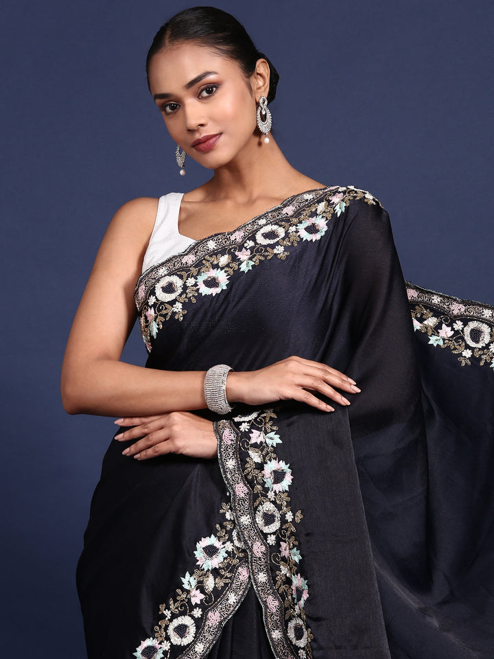 Neerus Black silk embroidered saree - side view