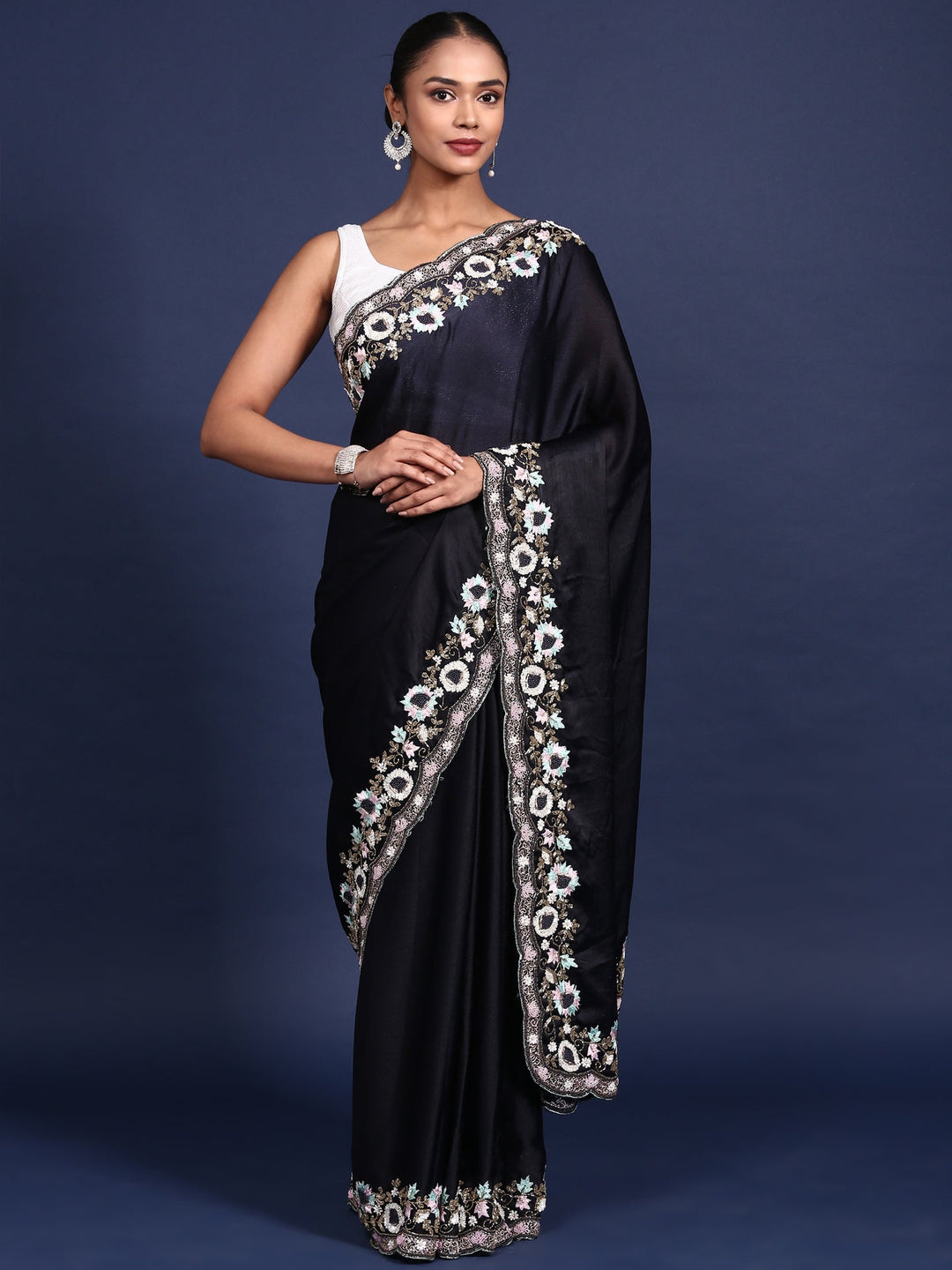 Neerus Black silk embroidered saree - front view