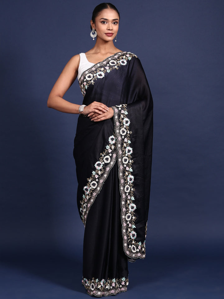 Neerus Black silk embroidered saree - front view